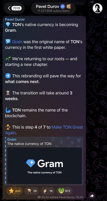 The image shows a phone screen with text, including an announcement from Pavel Durov about TON's native currency becoming Gram. The text also mentions that this transition will take place over three weeks.