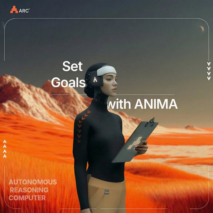 The image features an advertisement for a computer company named @quipnetwork. The advertisement includes a woman wearing a black shirt and a white headband, holding a clipboard while standing against a backdrop of mountains. The text above her reads "Set Goals with Anima", suggesting that the company is promoting a program or service related to animation or animation-related careers. The image also contains a caption about the gradual progression of future technology advancements, which could be interpreted as an encouragement for people to set goals and work towards achieving them in the context of advancing technology.