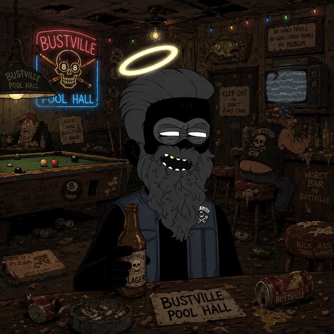 A cartoon-style illustration of a bearded man with a glowing halo and dark glasses holding a bottle of 'Bustville Lager' inside a gritty 'Bustville Pool Hall' with neon signs and various quirky characters.
