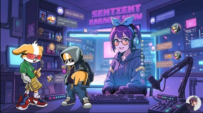 A vibrant digital illustration titled 'Sentient Karaoke Show' featuring anime-style characters, including a purple-haired streamer with a bow, surrounded by streaming interface elements like 'Host check-in!' chat bubbles.