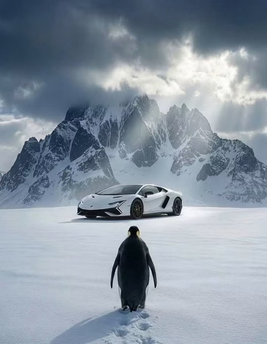 A surreal AI-generated scene of a white Lamborghini supercar parked on a snowy plain beneath dramatic mountains, with an emperor penguin walking toward it.