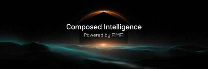 Dark minimalist banner displaying 'Composed Intelligence' with 'Powered by AMA' text over a teal-colored abstract wave and amber sunset background.