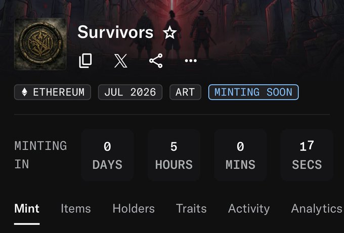 The image shows a "Survivors" NFT collection page on Ethereum with a minting countdown of 0 days, 5 hours, 0 minutes, and 17 seconds, displaying artwork of three hooded figures. The interface indicates "Minting Soon" and includes tabs for Mint, Items, Holders, Traits, Activity, and Analytics, relating to the post's question about choosing between the "Survivors" and "Society 111" collections to mint.
