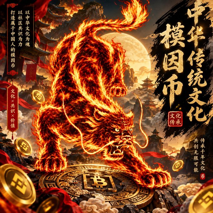 A fiery red tiger leaps over a Bitcoin coin in a traditional Chinese-style illustration with Chinese characters including '模因币' (meme coin) and '中华传统文化' (Chinese traditional culture).