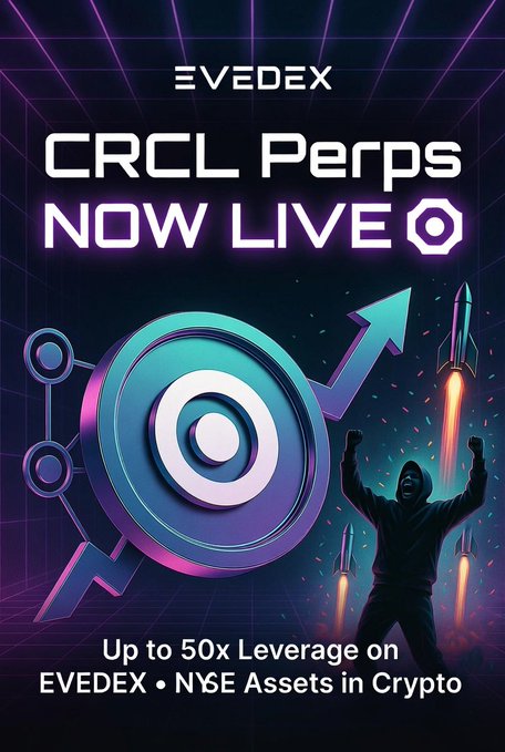 The image features a poster with a man standing next to a rocket ship, surrounded by blue and purple colors. The poster also includes text that reads "CRCL Perps Now Live", which suggests that the poster is promoting an event or product related to cryptocurrency trading. The poster mentions that there are up to 50x leverage options available on EVEDEX for trading Stable assets in Cryptocurrency, indicating a potential partnership between EVEDEX and cryptocurrency investors.