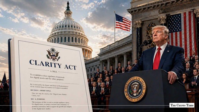 A composite image shows President Donald Trump at a podium bearing the Presidential Seal, with the U.S. Capitol and an American flag in the background, alongside a document titled "CLARITY ACT—A BILL" detailing provisions for digital asset market clarity. The watermark "The Crypto Times" appears in the corner, illustrating the post's bullish update that the Senate will reconvene on August 3 to potentially advance the Clarity Act on digital assets.