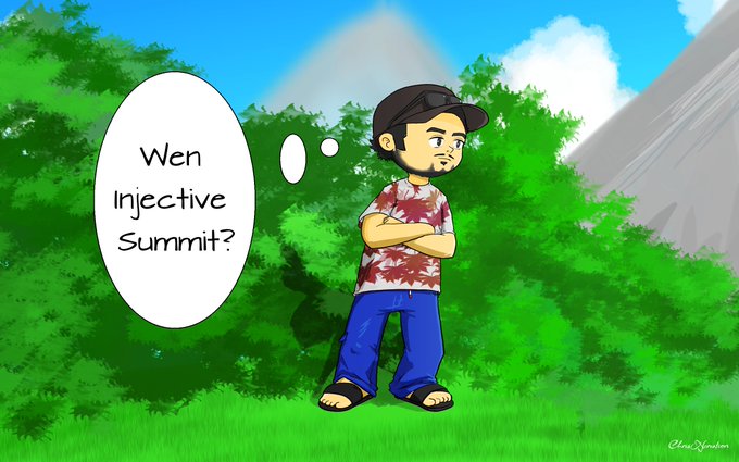 A cartoon character in a Hawaiian shirt, blue pants, sandals, and a backwards cap stands with arms crossed in a grassy outdoor setting, with a thought bubble asking 'Wen Injective Summit?'
