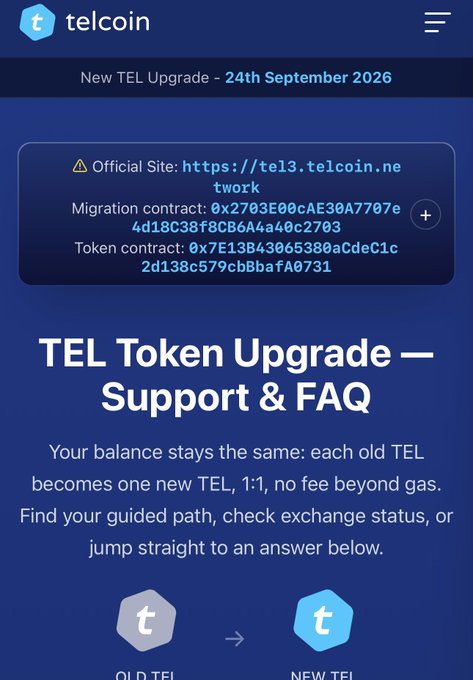 A webpage about Telcoin's TEL Token Upgrade scheduled for September 24th, 2026, displaying migration and token contract addresses.