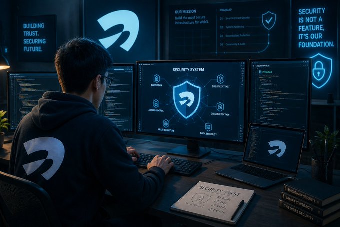A cybersecurity professional works at a multi-monitor workstation displaying a 'SECURITY SYSTEM' dashboard with encryption and threat detection modules, accompanied by motivational text reading 'BUILDING TRUST. SECURING FUTURE.' and 'SECURITY IS NOT A FEATURE, IT'S OUR FOUNDATION.'