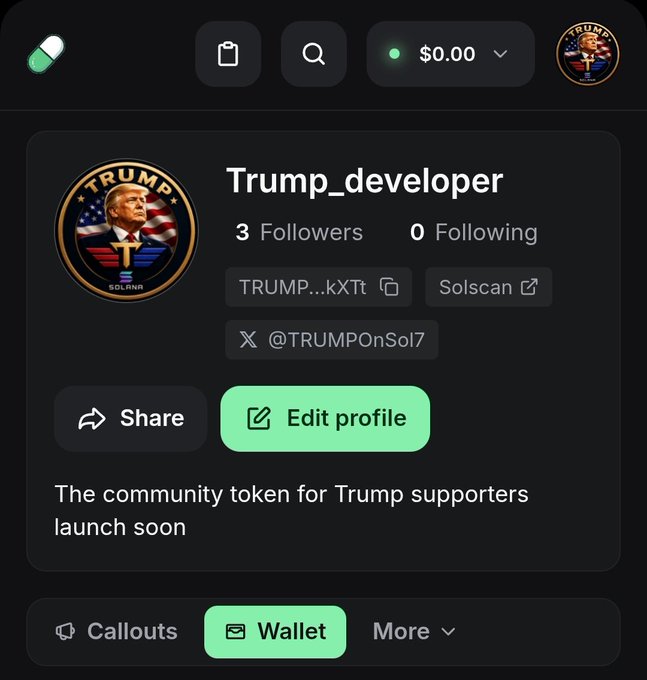 A mobile app profile page for "Trump_developer" shows 3 followers and 0 following, with the bio reading "The community token for Trump supporters launch soon" and links to "TRUMP...kXTt", Solscan, and "@TRUMPonSol7".