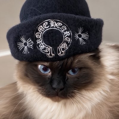 A regal Siamese/Himalayan cat with striking blue eyes models a dark beanie featuring intricate white embroidered gothic lettering and decorative sun motifs, perfectly embodying the "GM future millioners" vibe with its poised, money-making energy.
