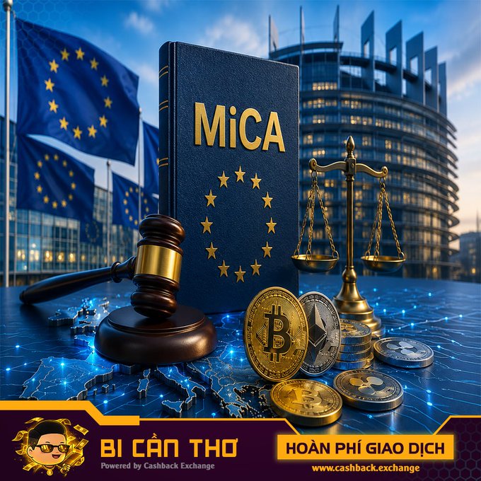 Promotional graphic for Cashback Exchange featuring a 'MiCA' book, EU flags, gavel, scales of justice, and cryptocurrency coins (Bitcoin, Ethereum, XRP) with text 'HOÀN PHÍ GIAO DỊCH' (refund transaction fees).