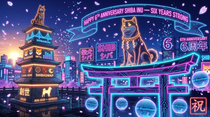 A neon-lit cyberpunk celebration banner reading 'HAPPY 6TH ANNIVERSARY SHIBA INU — SIX YEARS STRONG' and '6TH ANNIVERSARY 6周年', featuring Shiba Inu dogs, a torii gate, a pagoda labeled 'SHIBARIUM' and 'GENESIS', and tags for 'SHIBASWAP', 'NFTs', and 'LEASH BONE'.