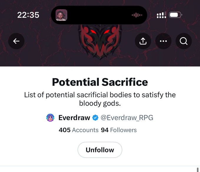 Mobile app profile for an RPG called 'Potential Soul' (or 'Sacrifice') from Everdraw (@Everdraw_RPG) with 405 accounts, 94 followers, and an Unfollow button.