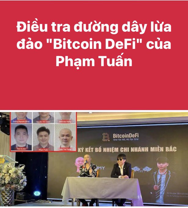 A Vietnamese news graphic titled 'Điều tra đường dây lừa đảo "Bitcoin DeFi" của Phạm Tuấn' showing photos of suspects and a BitcoinDeFi event.