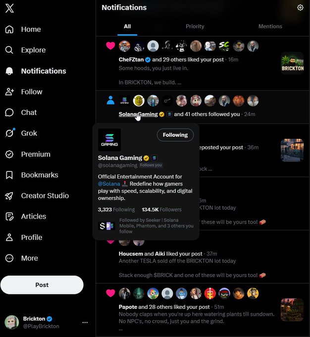 A X (Twitter) Notifications page showing that the official Solana Gaming account (@solanagaming) has followed the Brickton (@PlayBrickton) account, with the profile popup displaying Solana Gaming's 134.5K followers and description as an "Official Entertainment Account for @Solana," directly supporting the post's claim that $BRICK has been recognized by the Solana Web3 gaming community.