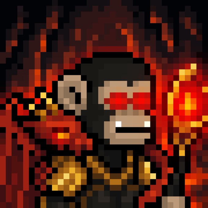 A low-resolution, pixelated graphic of a character with glowing red eyes and a wide grin, surrounded by red and orange blocky textures.