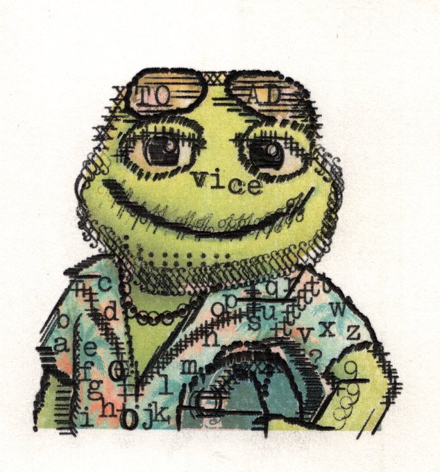 A mixed-media art piece of a green smiley-face character with the word 'vice' on its cheek, drawn over a background of printed letters and alphabet characters.