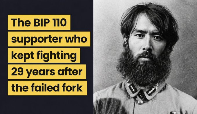 The image shows a black and white portrait of a long-haired, bearded man in a vintage military uniform alongside a text overlay reading "The BIP 110 supporter who kept fighting 29 years after the failed fork." The juxtaposition of the 19th-century-style portrait with modern Bitcoin Improvement Proposal (BIP) terminology in the caption "Shitcoiner says what?" creates an absurd meme contrasting historical imagery with cryptocurrency discourse.