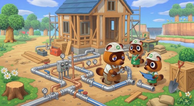 An illustrated scene from the video game Animal Crossing shows three tanuki characters wearing hard hats working on plumbing infrastructure in front of a house under construction.