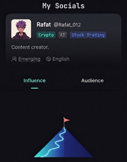 The image shows an app screen displaying information about a social media account. The main focus of the image is a blue triangle, which has a red flag at its peak. Below the triangle, there's text that reads "Influence Audience". The background color of the image is black. In the bottom right corner of the image, there are two lines of text: one saying "My Socials" and another stating "Influences audience".