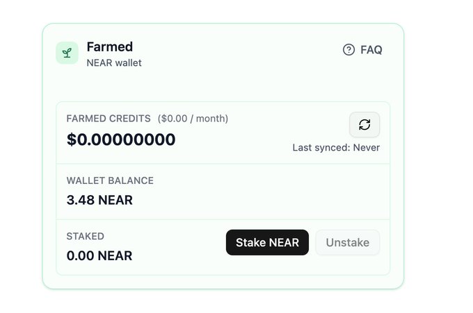 The image displays a "Farmed" NEAR wallet dashboard showing $0.00 in monthly farmed credits (never synced), a wallet balance of 3.48 NEAR, and 0.00 NEAR staked with options to Stake NEAR or Unstake. It visually represents the staking mechanism described in the post, where users convert NEAR into monthly credits for accessing NEAR AI's confidential inference and IronClaw agent hosting services across 43 models from providers like Anthropic and OpenAI.