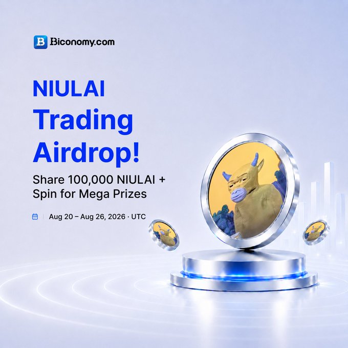 Biconomy.com promotional graphic for 'NIULAI Trading Airdrop!' offering to share 100,000 NIULAI + Spin for Mega Prizes from Aug 20 – Aug 26, 2026 UTC, featuring a 3D gold coin with a masked character.