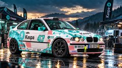 A race car wrapped in Kaspa branding and teal-and-pink graphics, featuring the "Kaspa" logo and number "5236" on its side, is displayed at a rally event. The image illustrates the post's offer to sell sponsor ad space on the Kaspa Rally Car for the Águeda Rally Travocar.