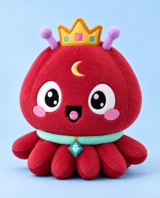 A red octopus plush toy wears a golden crown with pink gems and a teal collar featuring a star pendant, with the caption "Me first" humorously matching its confident, wide-eyed expression as it claims royal priority.