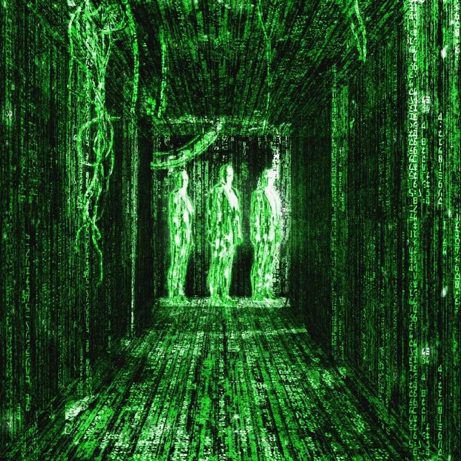 The image depicts three glowing green figures standing in a dark corridor filled with cascading Matrix-style digital code, evoking the iconic "red pill" revelation scene from The Matrix. It visually reinforces the post's metaphor of becoming a Bitcoiner as a moment of awakening—likening understanding Bitcoin to Neo seeing beyond the simulated system, while others remain blind to the financial "matrix" they inhabit.