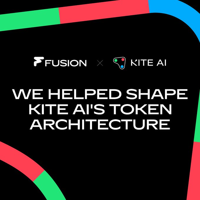 A promotional graphic with a black background displays the Fusion and Kite AI logos side by side with the text 'WE HELPED SHAPE KITE AI'S TOKEN ARCHITECTURE', accented by curved red and green shapes.