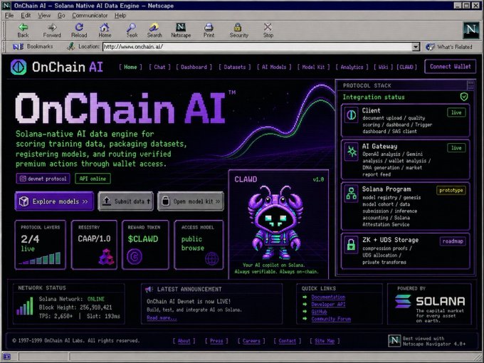 Netscape-styled webpage for OnChain AI, a Solana-native AI data engine, showing its mascot CLMD v1.0, protocol stack status, and network stats including a block height of 256,910,421.