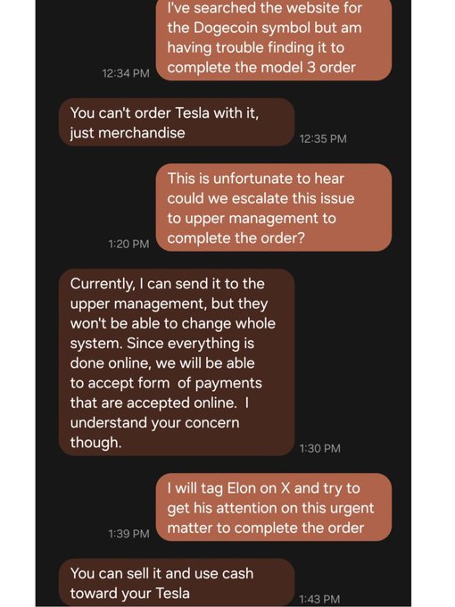 A screenshot of a customer service chat conversation where a customer discusses issues completing a Tesla Model 3 order using Dogecoin, and mentions tagging Elon on X to get attention.