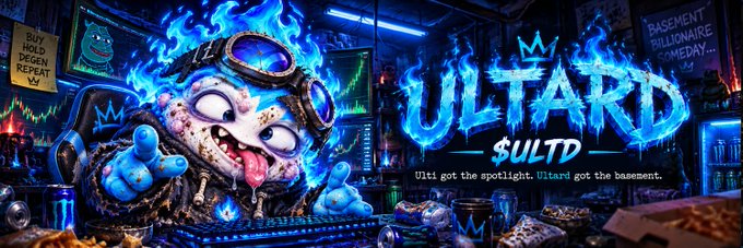 Promotional banner for '$ULTD' (ULTARD) cryptocurrency token featuring a cartoon character with blue flaming hair, a crown, and goggles, with text reading 'Uiti got the spotlight. Ultard got the basement.' and notes 'BUY HOLD DEGEN REPEAT' and 'BASEMENT BILLIONAIRE COMEDY'.