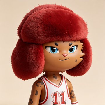 A 3D-rendered cute cartoon character with leopard spots wears a red furry trapper hat and a white basketball jersey displaying "11," visually embodying the playful, IP-driven branding aesthetic of a "Cute IP Supercycle."