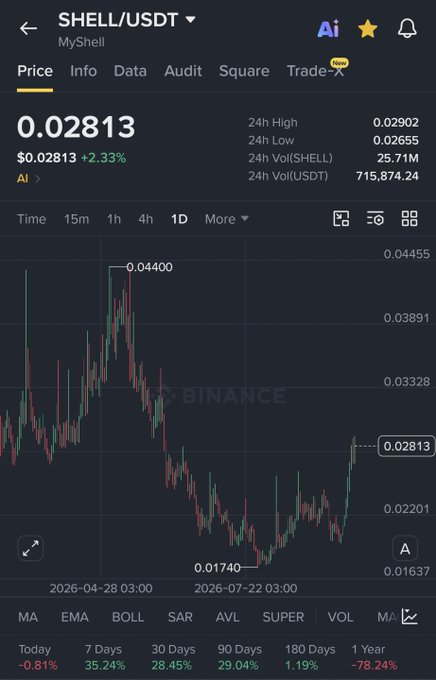 A Binance trading chart for SHELL/USDT (MyShell) showing a current price of $0.02813 (+2.33%), with a 1-year performance of -78.24%.