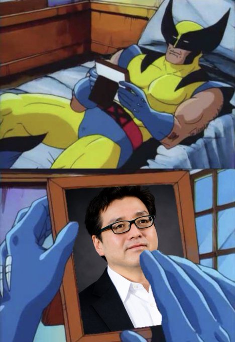 A meme combining a comic panel of Wolverine reading a book in bed with another panel where a man's face is superimposed onto the book.
