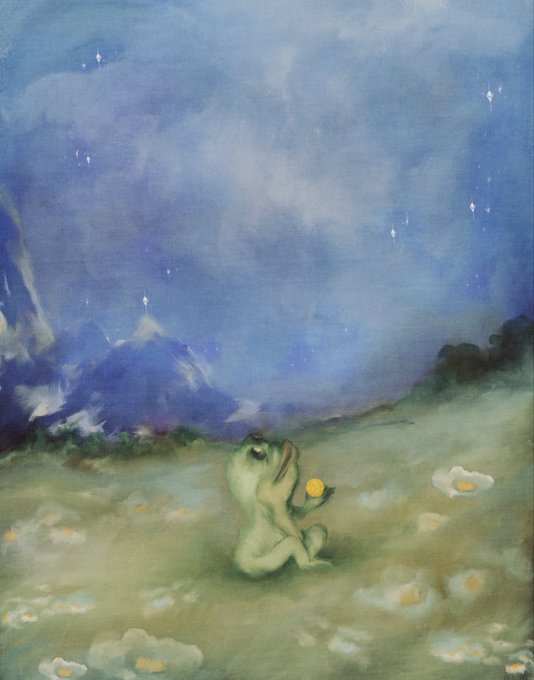 A dreamy watercolor-style painting depicting a frog sitting in a misty field under a starry night sky, holding a small yellow flower.