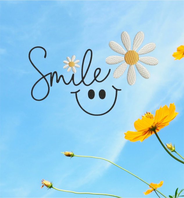 A cheerful graphic featuring the word 'Smile' in cursive script with a smiley face, a crocheted daisy flower, and yellow flowers against a blue sky background.
