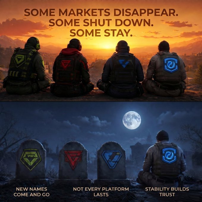 A split-image ad contrasts a sunset scene of four operators (with logos for what appear to be trading platforms) sitting together with a moonlit graveyard where three of those platforms lie as tombstones, while one operator remains seated, illustrating the caption "Some markets disappear. Some shut down. Some stay." The bottom text reads "New names come and go," "Not every platform lasts," and "Stability builds trust," reinforcing the message that MarketCSGO has endured for 10+ years while competitors have not.