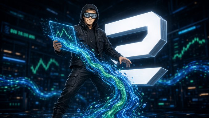 A figure in a black hoodie and VR-style goggles stands amidst streams of glowing blue and green data, beside a large illuminated "2" logo representing Hyperliquid. The image visually reinforces Aspen's automated trading copy system, depicting how traders' calls are transformed into live Hyperliquid fills through Zera's verified volume filtering.