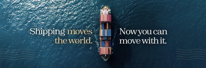 An aerial view of a cargo ship on blue ocean water with the text 'Shipping moves the world. Now you can move with it.'