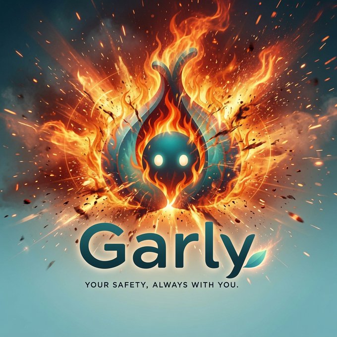 An advertisement graphic for "Garly" with the tagline "YOUR SAFETY, ALWAYS WITH YOU," featuring a stylized flaming character logo.