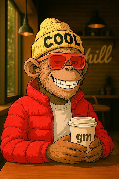 An illustrated cartoon monkey wearing red sunglasses and a beanie labeled 'COOL' holds a coffee cup marked 'gm' in a red puffer jacket inside a café.