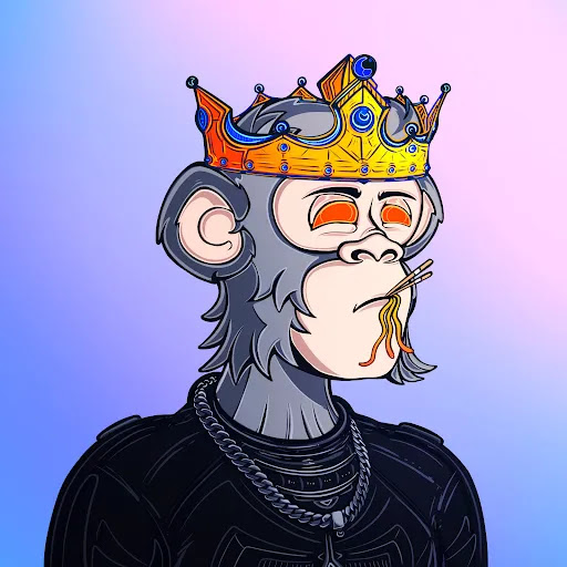 A digital illustration depicts a crowned monkey character with orange eyes eating noodles with chopsticks against a pastel gradient background.