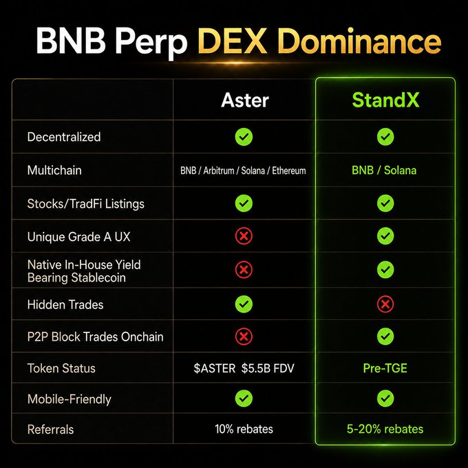 The image shows a comparison between two different cryptocurrency exchanges, one being BNB Perp DEx Dominance and the other being Stand X. The table displays the features and benefits of each exchange, including their unique selling points (USPs) and the fees associated with them. The image also includes a green checkmark symbolizing that the user has approved or is interested in using the exchange.