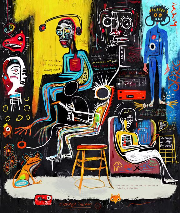A colorful abstract painting in a Jean-Michel Basquiat style featuring stylized figures, a skeleton, a frog, and handwritten text on a black background.