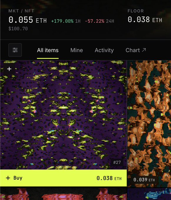 A screenshot of an NFT marketplace showing a listing priced at 0.038 ETH with a market rate of 0.055 ETH (down 57.22% over 24 hours), illustrating how the floor listing creates a discount compared to recent market prices—setting up a potential arbitrage opportunity where a buyer could purchase the NFT below its 1-hour market value.