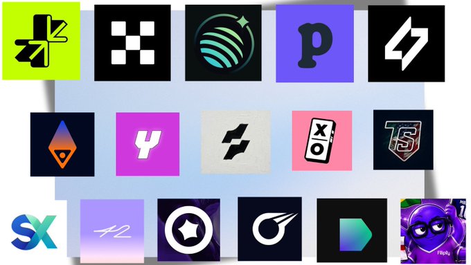 The image features a grid of twelve different logos for various companies or brands. The logos are arranged in two rows, with four logos in each row. These logos include symbols such as a checkerboard pattern, a lightning bolt, a green fish, a purple and white striped fish, a black and white striped fish, a pink and white striped fish, a blue and white striped fish, a yellow and black striped fish, an orange and black striped fish, a purple and white striped fish, and a black and white striped fish. The logos are displayed in a grid format with each row containing four distinct symbols.