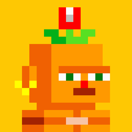 A pixelated image of a character with an orange face, green eyes, and a red and green hat or helmet on top, set against a yellow background.